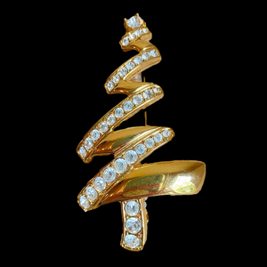 Monet stylized goldtone Christmas Tree brooch pin with sparkly rhinestones